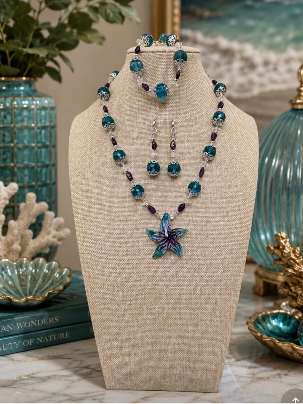 Artisan Amethyst, Crystal, & Quartz, Starfish Pendant Necklace Set
